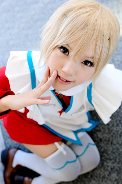kipi-san, erstin ho, my-otome, photo (medium), 1girl, asian, blonde hair, brown shoes, cosplay, erstin ho (cosplay), female focus, garter straps, indoors, loafers, looking at viewer, mole, on floor, school uniform, shoes, short hair, sitting, solo, thighhighs, white thighhighs, yokozuwari, zettai ryouiki
