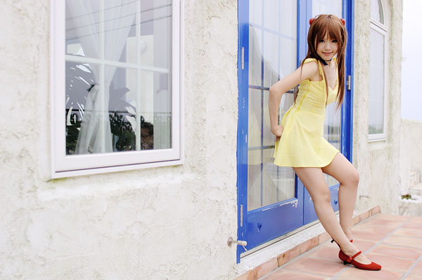 kipi-san, souryuu asuka langley, neon genesis evangelion, photo (medium), 1girl, asian, bare legs, breasts, cosplay, dress, female focus, hairpods, long hair, looking at viewer, orange hair, outdoors, red shoes, shoes, short dress, small breasts, solo, souryuu asuka langley (cosplay), sundress, window