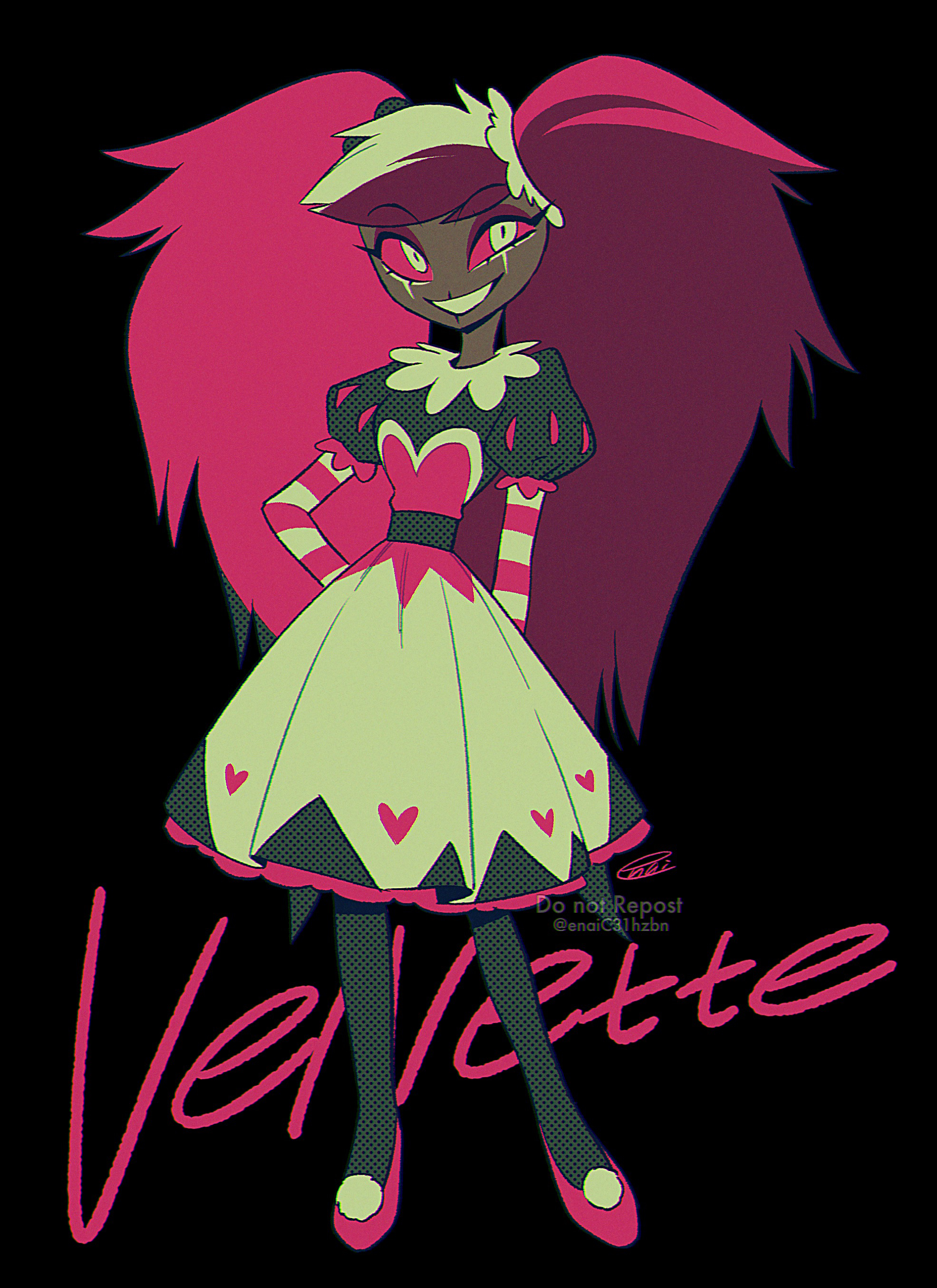 menma (enaic31), velvette (hazbin hotel), hazbin hotel, hellaverse, absurdres, commentary request, highres, 1girl, :d, arms behind back, belt, big hair, black background, black belt, black hair, black pantyhose, black shirt, breasts, character name, chromatic aberration, colored sclera, dark-skinned female, dark skin, dress, eyeshadow, film grain, frilled shirt, frills, full body, grin, hair ornament, halftone, heart, heart print, layered sleeves, legs apart, long hair, long sleeves, looking at viewer, makeup, medium dress, multicolored hair, open mouth, pantyhose, petticoat, pink shoes, pink sleeves, pom pom (clothes), pom pom footwear, prototype design, puff and slash sleeves, puffy short sleeves, puffy sleeves, red eyeshadow, red hair, red sclera, scar across eyes, shirt, shoes, short over long sleeves, short sleeves, signature, simple background, skinny, small breasts, smile, solo, standing, strapless, strapless dress, streaked hair, twintails, twitter username, two-tone sleeves, very dark skin, very long hair, watermark, white dress, white eyes, white hair, white sleeves