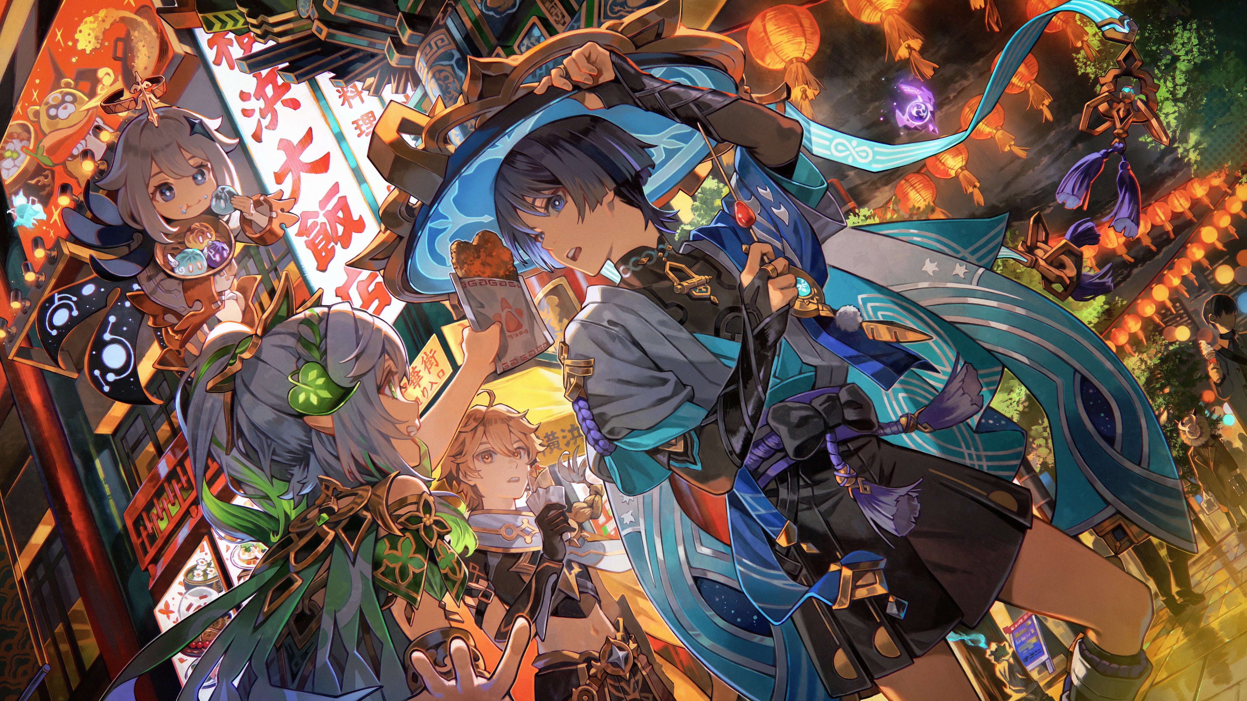 kyuuba melo, aether (genshin impact), guoba (genshin impact), hilichurl (genshin impact), nahida (genshin impact), paimon (genshin impact), scaramouche (genshin impact), slime (genshin impact), wanderer (genshin impact), genshin impact, absurdres, highres, 2boys, 2girls, :t, ahoge, anachronism, animal print, architecture, arm at side, arm up, armlet, armor, bell, billboard, bird print, black bodysuit, black bow, black bridal gauntlets, black cape, black eyes, black gloves, black shirt, black shorts, blonde hair, blue cape, blue gemstone, blue hat, blue kimono, blue sleeves, bodysuit, bow, bowl, bracelet, bridal gauntlets, bright pupils, cape, chili pepper, city, closed mouth, cloud, cloudy sky, colored tips, contemporary, covered collarbone, crop top, detached sleeves, dress, east asian architecture, eating, eyelashes, eyeliner, eyeshadow, feathers, festival, fingernails, flying, food, food on face, food wrapper, fried rice, furisode, gem, gloves, glowing, glowing hair, glowing leaves, gold, gold belt, gold halo, gold trim, green cape, green eyes, green gemstone, green hair, green sleeves, guest art, hair ornament, hakama, hakama shorts, half crown braid, halo, hand up, hat, height difference, holding, holding bowl, holding food, holding skewer, japanese armor, japanese clothes, jewelry, jingasa, juban, kimono, kote, kurokote, lantern, layered sleeves, leaf, leaf hair ornament, long hair, long sleeves, looking at another, makeup, mandarin collar, mask, mechanical halo, midriff, multicolored hair, multiple boys, multiple girls, navel, night, night sky, oculus (genshin impact), open clothes, open hand, open kimono, open mouth, outdoors, paper lantern, pleated shorts, pointy ears, pom pom (clothes), purple rope, purple sash, red eyeliner, red eyeshadow, romper, rope, sash, scarf, sharing food, shirt, short hair, short hair with long locks, short sleeves, shorts, side ponytail, sidelocks, skewer, sky, streaked hair, tassel, teeth, tree, tsurime, upper teeth only, vambraces, walking, white dress, white hair, white kimono, white pupils, white romper, white scarf, white sleeves, white trim, wok, yellow eyes, yellow feathers, yellow pupils