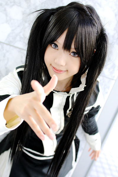 kipi-san, lenalee lee, d.gray-man, photo (medium), 1girl, asian, black hair, blue eyes, breasts, color contacts, cosplay, female focus, lenalee lee (cosplay), long hair, looking at viewer, petite, pointing, pointing at viewer, small breasts, solo, twintails
