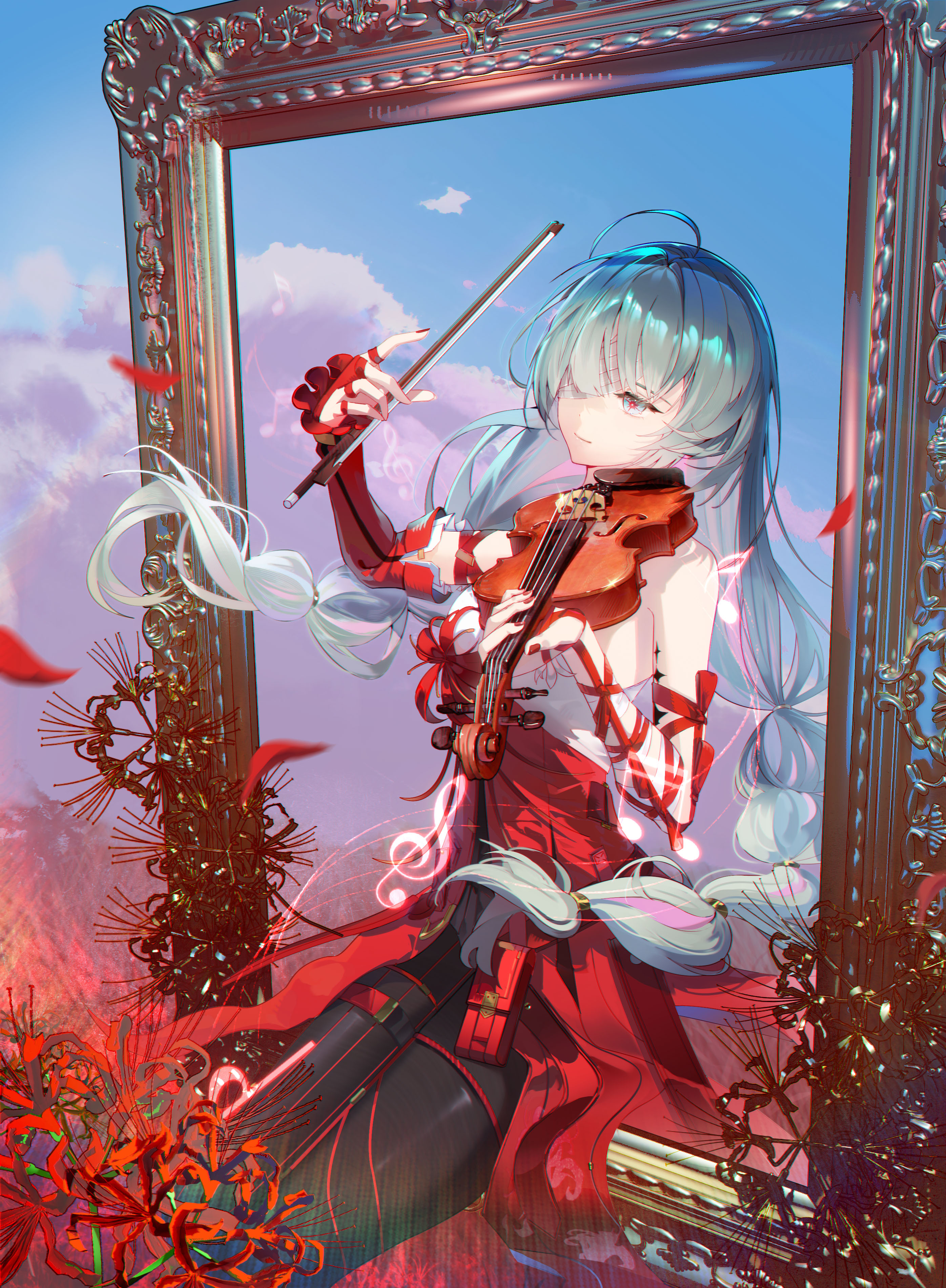 casper (fidio-koko), phrolova (wuthering waves), wuthering waves, absurdres, commentary, highres, 1girl, bandage over one eye, bandaged arm, bandages, bare shoulders, black pantyhose, bow (music), braid, closed mouth, detached sleeves, dress, grey eyes, grey hair, holding, holding bow (music), holding instrument, holding violin, instrument, long hair, low twin braids, multicolored hair, nail polish, pantyhose, picture frame, red dress, red nails, red pupils, single detached sleeve, sitting, solo, streaked hair, tacet mark (wuthering waves), twin braids, violin