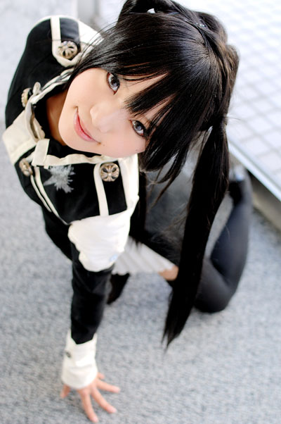 kipi-san, lenalee lee, d.gray-man, photo (medium), 1girl, asian, black hair, black shoes, black thighhighs, blue eyes, breasts, color contacts, cosplay, dress, female focus, kneeling, lenalee lee (cosplay), long hair, looking at viewer, petite, shoes, short dress, small breasts, solo, thighhighs, twintails, zettai ryouiki