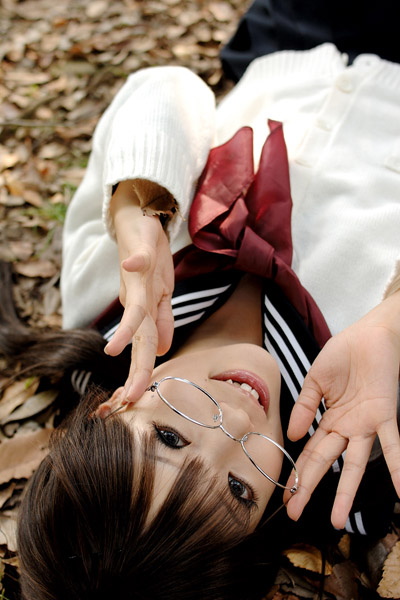 kipi-san, masuda shizuka, final approach, photo (medium), 1girl, asian, blue eyes, breasts, brown hair, color contacts, cosplay, female focus, glasses, long hair, looking at viewer, masuda shizuka (cosplay), mole, outdoors, school uniform, serafuku, small breasts, smile, solo, sweater, twintails
