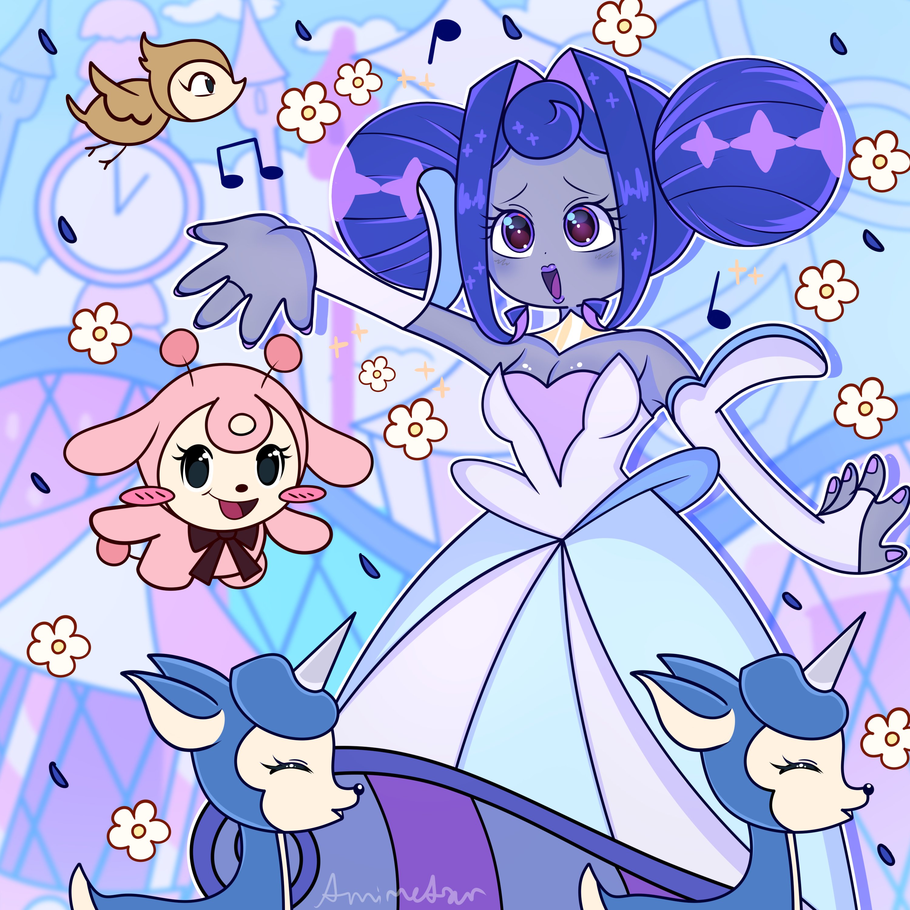 princess guinevere, glitch productions, knights of guinevere, android, animal, blue eyes, blue hair, blue lips, dress, flower, music, musical note, pink flower, princess, purple dress, singing, smile, solo, teeth