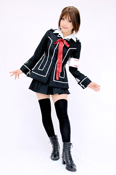 kipi-san, kurosu yuuki, vampire knight, photo (medium), 1girl, armband, asian, boots, brown eyes, brown hair, cosplay, female focus, kurosu yuuki (cosplay), looking at viewer, school uniform, short hair, simple background, solo, thighhighs, white background, zettai ryouiki