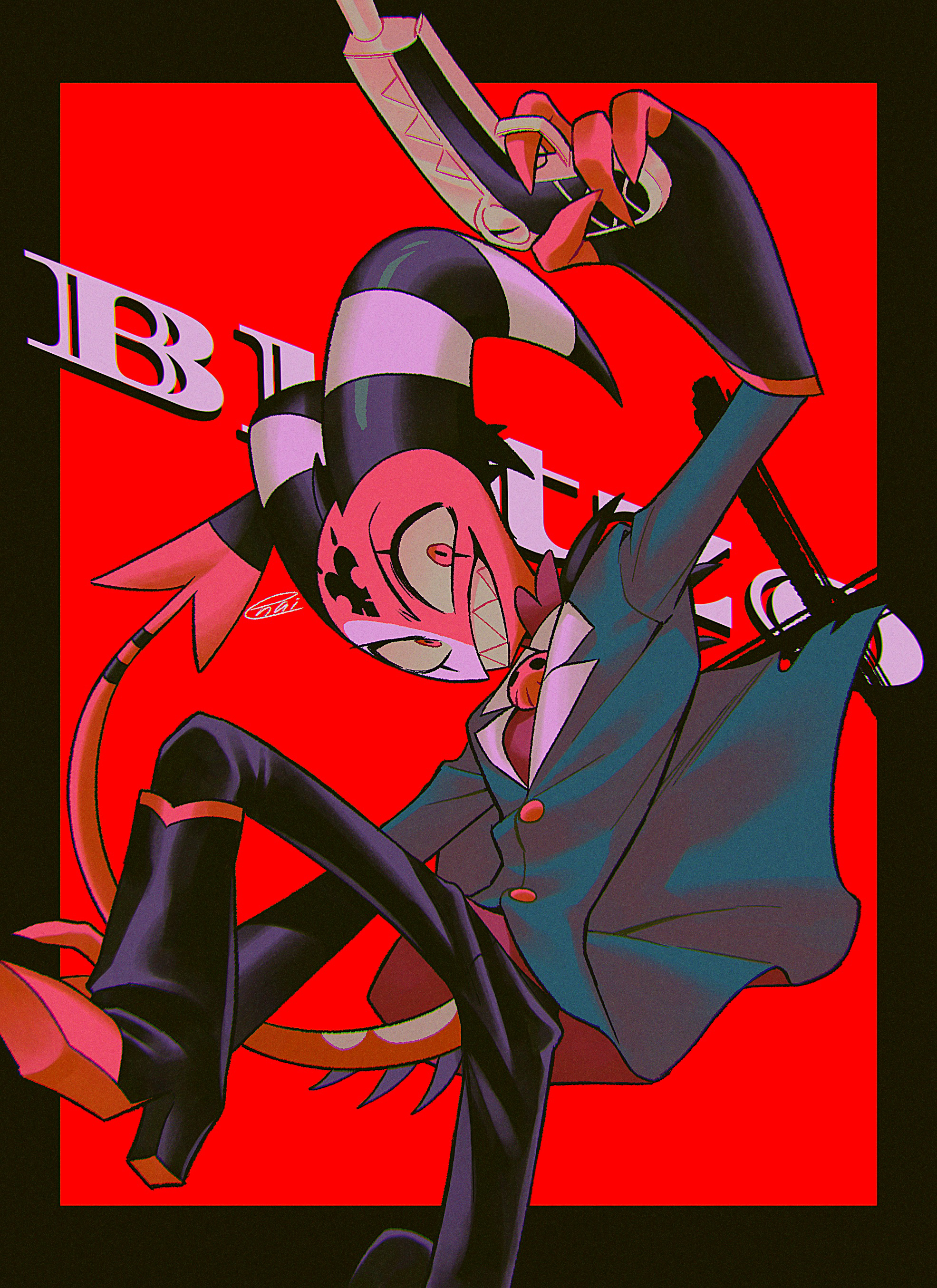menma (enaic31), blitzo (helluva boss), hellaverse, helluva boss, absurdres, commentary request, highres, 1boy, :d, arm up, black boots, black border, black horns, black pants, boots, border, buttons, character name, chromatic aberration, coat, colored sclera, colored skin, colored teeth, demon boy, demon horns, demon tail, eyeshadow, fewer digits, film grain, finger on trigger, foot out of frame, from below, grey coat, grin, gun, holding, holding gun, holding weapon, horns, jumping, knee boots, knee up, lapels, long sleeves, makeup, male focus, multicolored boots, multicolored horns, notched lapels, open mouth, outside border, pants, red background, red boots, red coat, red eyes, red skin, red tail, scar across eyes, sharp teeth, signature, simple background, skull brooch, smile, solo, striped horns, tail, teeth, two-sided coat, two-sided fabric, two-tone boots, two-tone horns, v-shaped eyebrows, weapon, white horns, yellow sclera, yellow teeth