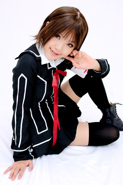 kipi-san, kurosu yuuki, vampire knight, photo (medium), 1girl, armband, asian, boots, brown eyes, brown hair, cosplay, female focus, kurosu yuuki (cosplay), looking at viewer, school uniform, short hair, simple background, solo, thighhighs, white background, zettai ryouiki