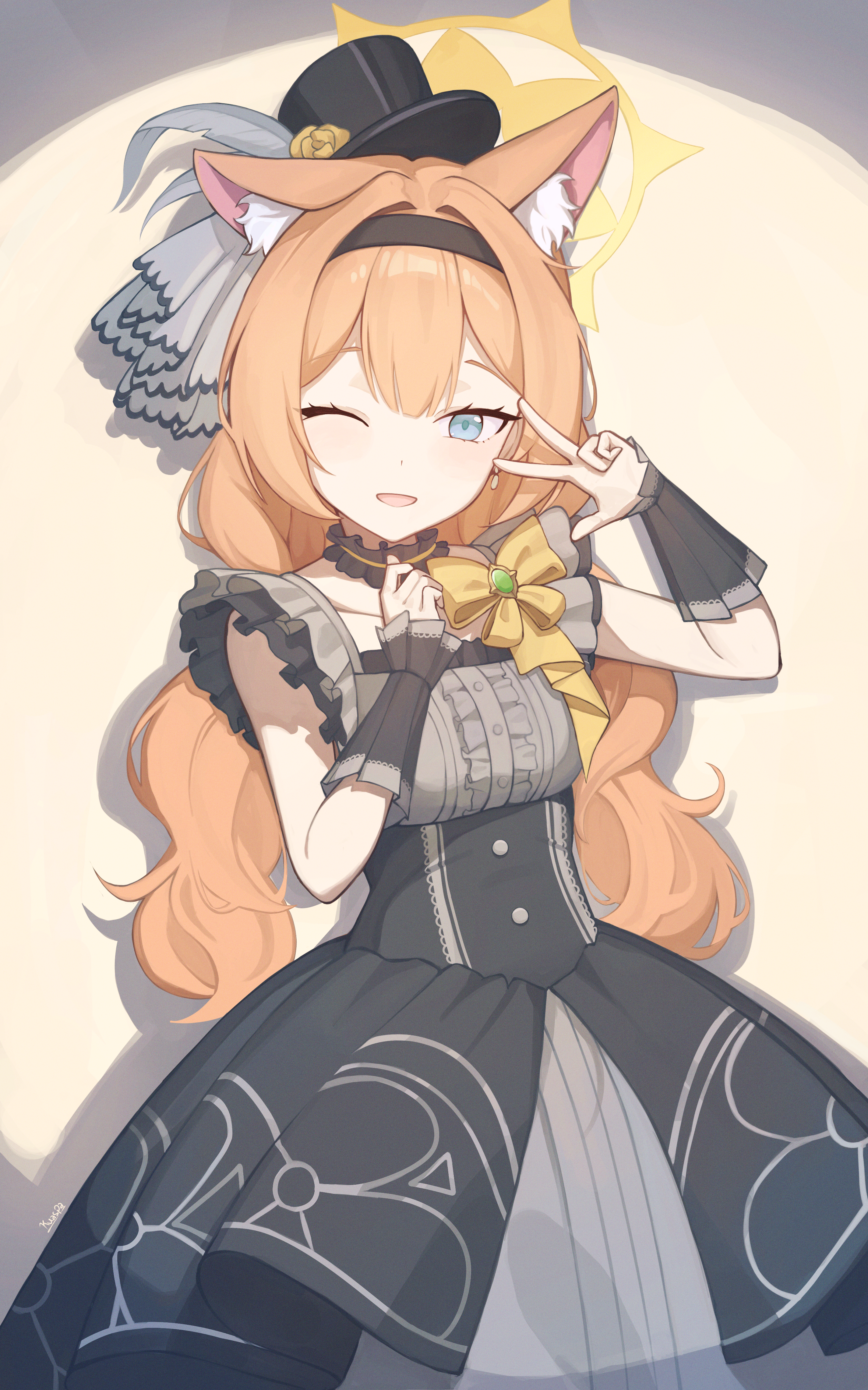 kuaspa, mari (blue archive), mari (idol) (blue archive), blue archive, absurdres, commentary, highres, 1girl, animal ear fluff, animal ears, black dress, black hairband, black hat, blue eyes, breasts, dress, fox ears, hairband, halo, hat, long hair, looking at viewer, medium breasts, mini hat, mini top hat, neck garter, official alternate costume, one eye closed, open mouth, orange hair, smile, solo, spotlight, top hat, w, yellow halo