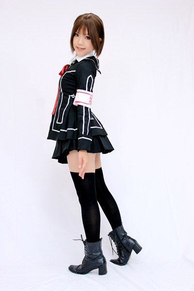 kipi-san, kurosu yuuki, vampire knight, photo (medium), 1girl, armband, asian, boots, brown eyes, brown hair, cosplay, female focus, kurosu yuuki (cosplay), looking at viewer, school uniform, short hair, simple background, smile, solo, thighhighs, white background, zettai ryouiki