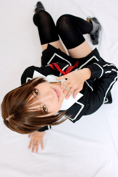 kipi-san, kurosu yuuki, vampire knight, photo (medium), 1girl, asian, boots, brown eyes, brown hair, cosplay, female focus, kurosu yuuki (cosplay), looking at viewer, school uniform, short hair, simple background, solo, thighhighs, white background, zettai ryouiki