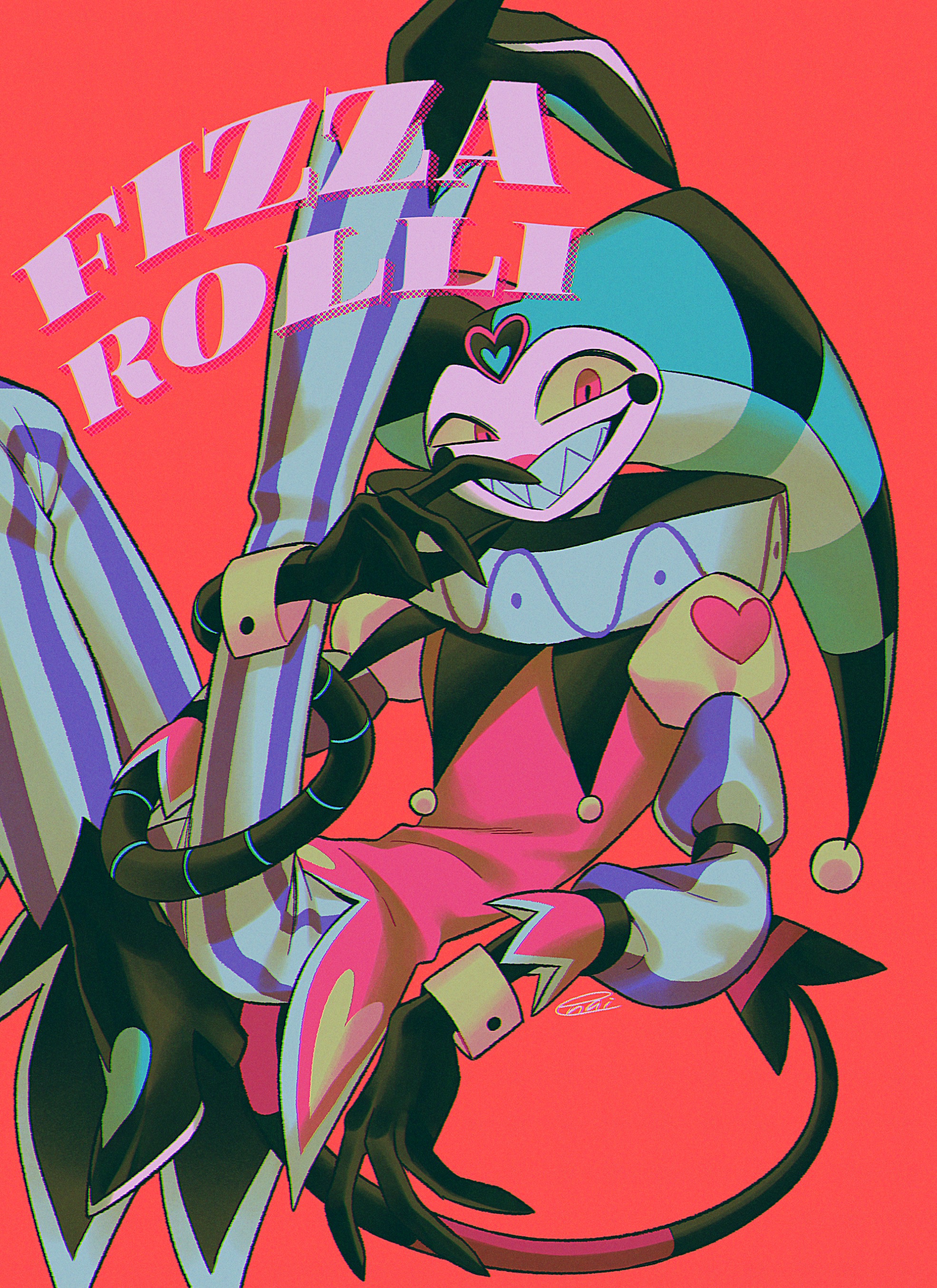 menma (enaic31), hellaverse, helluva boss, absurdres, commentary request, highres, 1boy, :d, aqua hat, black boots, black tail, boots, character name, checkered hat, chromatic aberration, circle facial mark, colored sclera, colored skin, demon tail, facial mark, fewer digits, film grain, fizzarolli (helluva boss), frilled sleeves, frills, full body, grin, hat, hat bell, heart, heart print, high heel boots, high heels, jester, jester cap, juliet sleeves, knee up, leg up, long sleeves, male focus, mechanical arms, neck ruff, open mouth, pants, puffy sleeves, purple pants, red background, red eyes, red shirt, sharp teeth, shirt, signature, simple background, smile, solo, striped clothes, striped pants, tail, teeth, two-tone pants, uneven eyes, vertical-striped clothes, vertical-striped pants, white pants, white skin, wristband, yellow sclera
