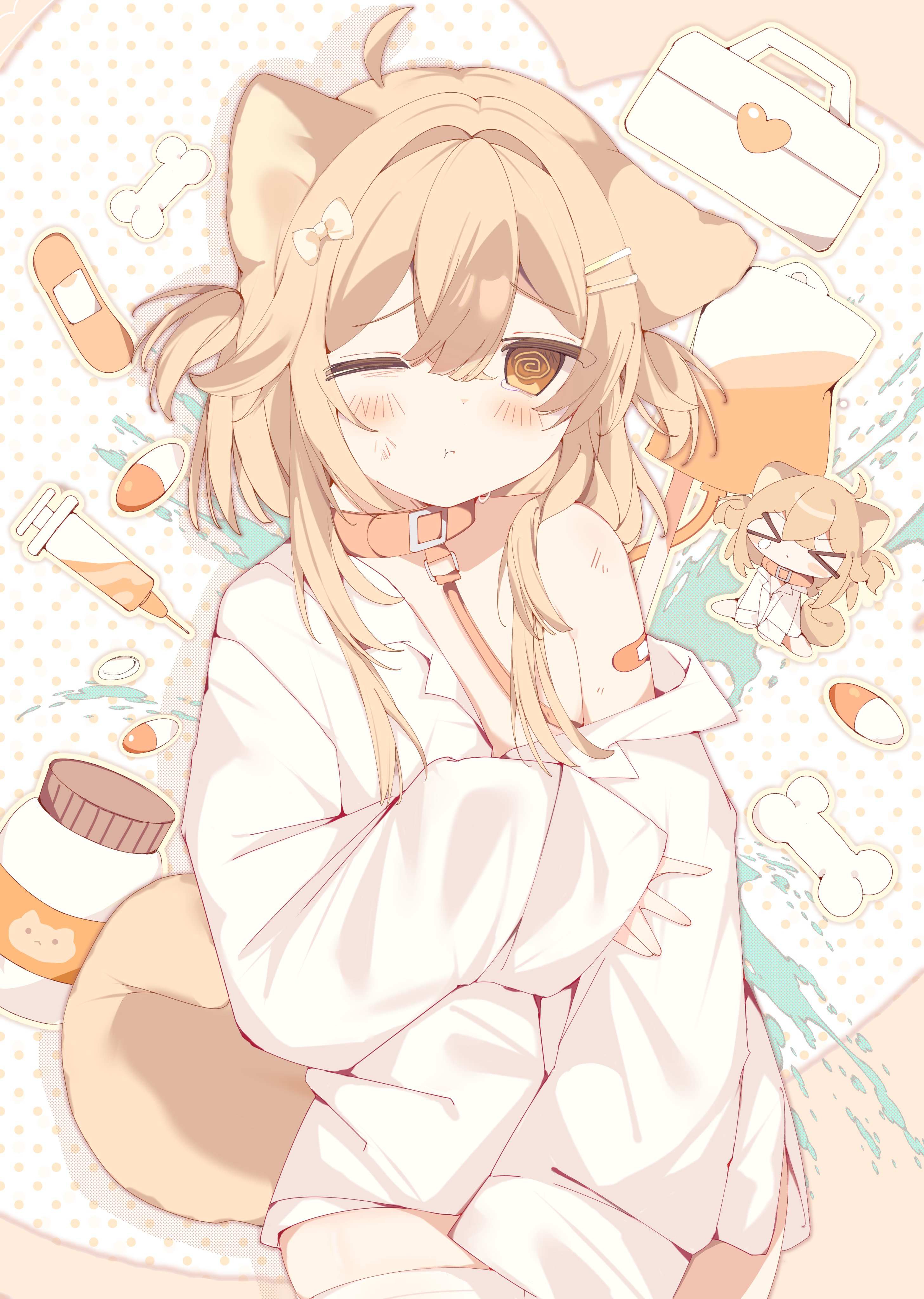 original, absurdres, highres, 1girl, @ @, ahoge, animal collar, animal ears, bandaid, blush, bone hair ornament, bow, brown eyes, brown hair, cartoon bone, closed mouth, collar, collared shirt, dog ears, dog tail, dress shirt, ebiuinaul l, hair between eyes, hair bow, hair ornament, hairclip, leash, long hair, long sleeves, multiple views, naked shirt, off shoulder, one eye closed, pill, pinching sleeves, puffy long sleeves, puffy sleeves, red collar, shirt, sweat, syringe, tail, thighhighs, two side up, white bow, white shirt, white thighhighs