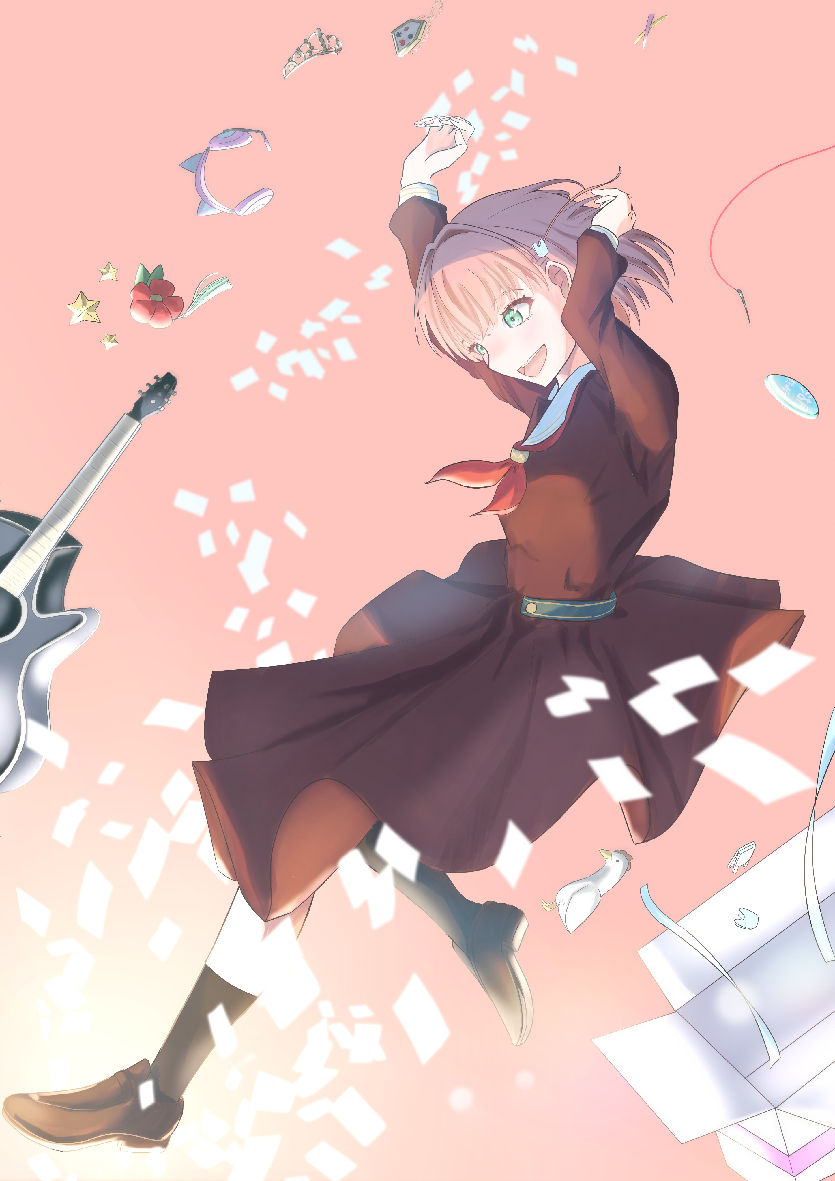 caricariume, hinoshita kaho, link! like! love live!, love live!, absurdres, commentary, highres, 1girl, :d, acoustic guitar, animal ear headphones, animal ears, badge, black socks, box, brown dress, brown shoes, button badge, cardboard box, cat ear headphones, dress, edelied, fake animal ears, flower, full body, green eyes, guitar, hair flower, hair ornament, hasu no sora school uniform, headphones, instrument, loafers, long sleeves, medium dress, medium hair, neckerchief, needle, open box, open mouth, orange hair, osawa rurino's cardboard box, peking duck (love live!), pink background, pleated dress, rabbit hair ornament, red flower, red neckerchief, sailor collar, sailor dress, school uniform, sewing needle, shoes, smile, socks, solo, star (symbol), star hair ornament, tassel, tassel hair ornament, thread, tiara, two side up, unworn hair ornament, unworn headphones, unworn headwear, virtual youtuber, white sailor collar, winter uniform, x hair ornament