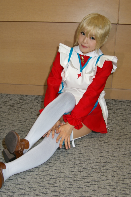 kipi-san, erstin ho, my-otome, photo (medium), 1girl, asian, blonde hair, brown shoes, cosplay, erstin ho (cosplay), female focus, garter straps, indoors, loafers, looking at viewer, on floor, school uniform, shoes, short hair, sitting, solo, thighhighs, white thighhighs, zettai ryouiki