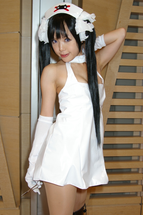 kipi-san, ruriko nasu, pure trance, photo (medium), 1girl, asian, black hair, boots, bow, breasts, cosplay, elbow gloves, female focus, gloves, hair bow, indoors, long hair, looking at viewer, nurse, ruriko nasu (cosplay), scissors, small breasts, solo, twintails