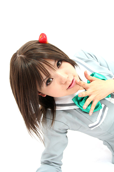 kipi-san, sotomura misuzu, ichigo 100%, photo (medium), 1girl, asian, brown eyes, brown hair, cosplay, female focus, food, fruit, looking at viewer, school uniform, simple background, solo, sotomura misuzu (cosplay), strawberry, white background