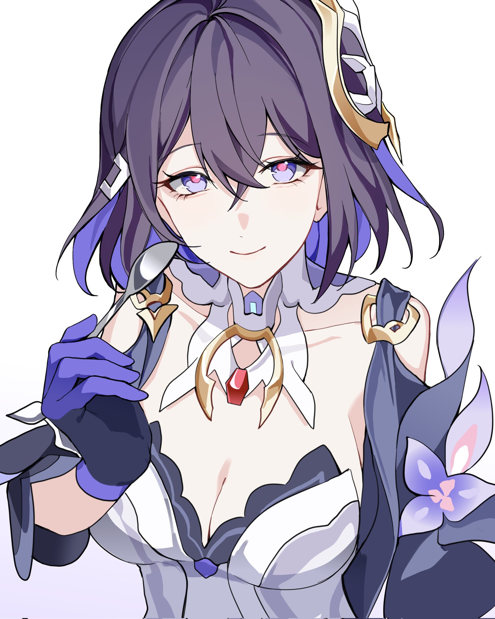 oldsprout1108, seele vollerei, honkai (series), honkai impact 3rd, hashtag-only commentary, highres, 1girl, black hair, blue eyes, blue gloves, blue hair, breasts, cleavage, dress, gloves, hair ornament, holding, holding spoon, large breasts, multicolored hair, short hair, simple background, solo, spoon, two-tone hair, upper body, white background, white dress