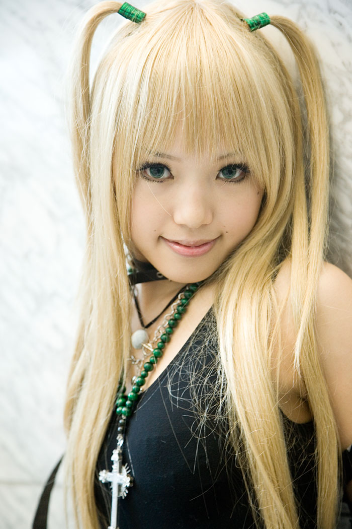 kipi-san, amane misa, death note, photo (medium), 1girl, amane misa (cosplay), aqua eyes, asian, blonde hair, blue eyes, breasts, choker, color contacts, cosplay, cross, cross necklace, female focus, indoors, jewelry, long hair, looking at viewer, mole, necklace, small breasts, solo, two side up