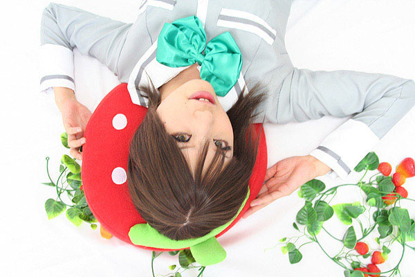 kipi-san, sotomura misuzu, ichigo 100%, photo (medium), 1girl, asian, brown eyes, brown hair, cosplay, female focus, food, fruit, looking at viewer, school uniform, simple background, solo, sotomura misuzu (cosplay), strawberry, strawberry-shaped pillow, white background