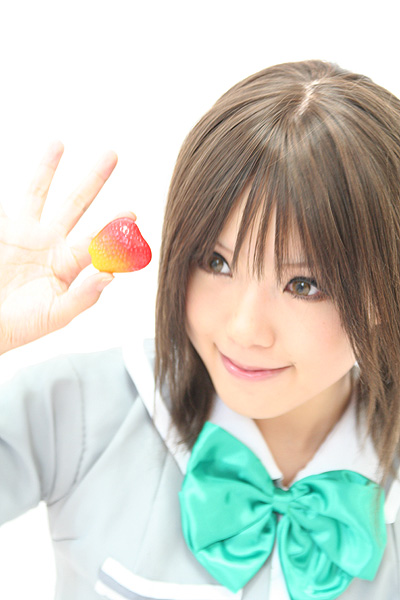 kipi-san, sotomura misuzu, ichigo 100%, photo (medium), 1girl, asian, brown eyes, brown hair, cosplay, female focus, food, fruit, school uniform, simple background, solo, sotomura misuzu (cosplay), strawberry, white background