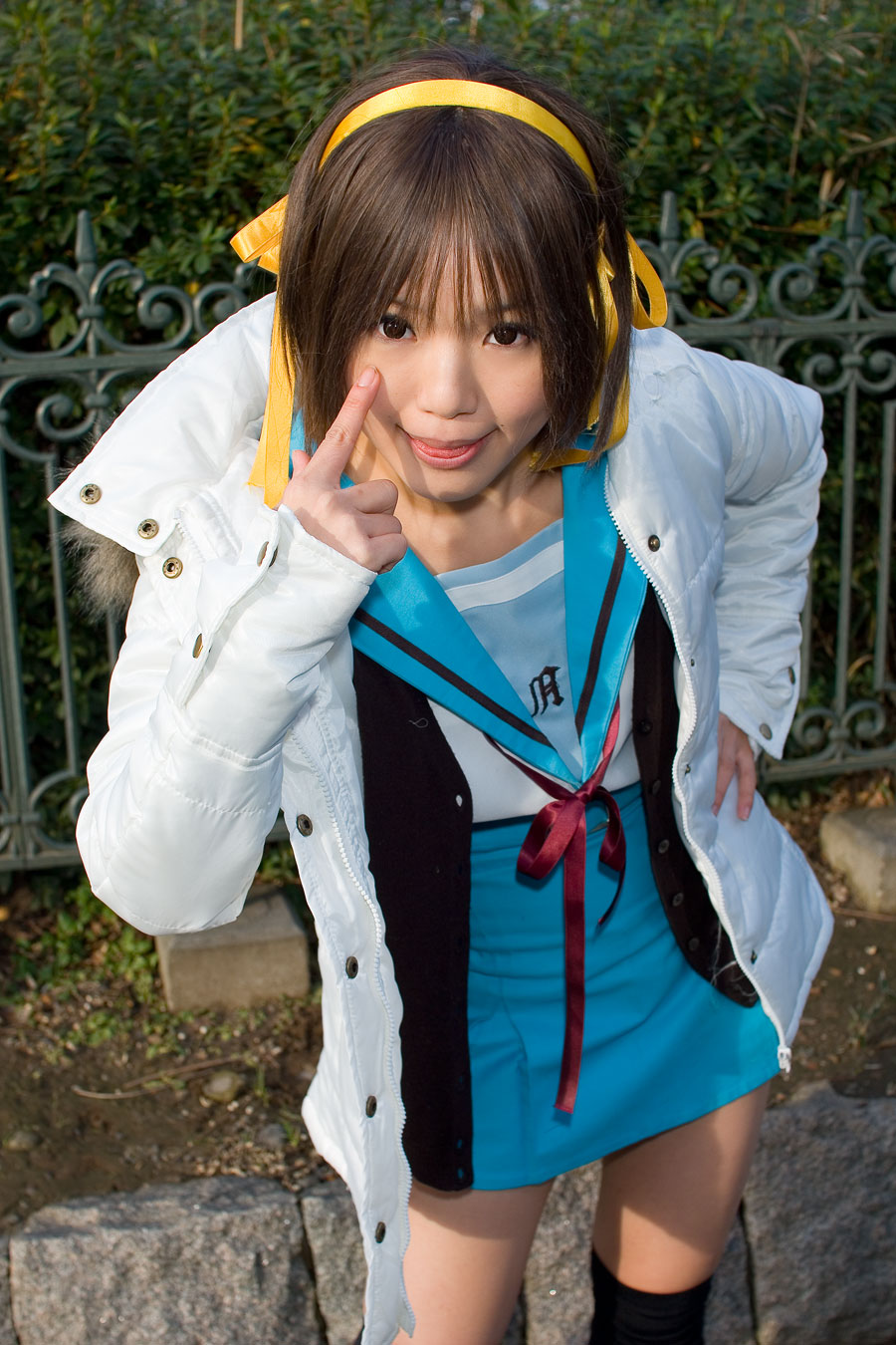 kipi-san, suzumiya haruhi, suzumiya haruhi no yuuutsu, highres, photo (medium), 1girl, :p, asian, brown eyes, brown hair, cardigan, coat, cosplay, female focus, hair ribbon, hairband, looking at viewer, ribbon, school uniform, serafuku, smile, solo, suzumiya haruhi (cosplay), thighhighs, tongue, tongue out, zettai ryouiki