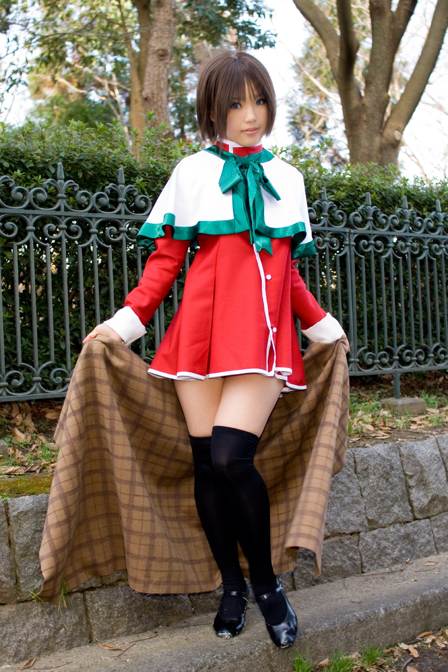 kipi-san, misaka shiori, kanon, highres, photo (medium), 1girl, asian, black thighhighs, blue eyes, brown hair, color contacts, cosplay, female focus, lipstick, looking at viewer, makeup, misaka shiori (cosplay), outdoors, school uniform, shawl, short hair, solo, thighhighs, zettai ryouiki