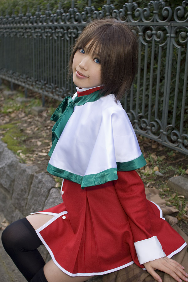 kipi-san, misaka shiori, kanon, photo (medium), 1girl, asian, black thighhighs, blue eyes, brown hair, color contacts, cosplay, female focus, lipstick, looking at viewer, makeup, misaka shiori (cosplay), outdoors, park, school uniform, shawl, short hair, sitting, solo, thighhighs, zettai ryouiki