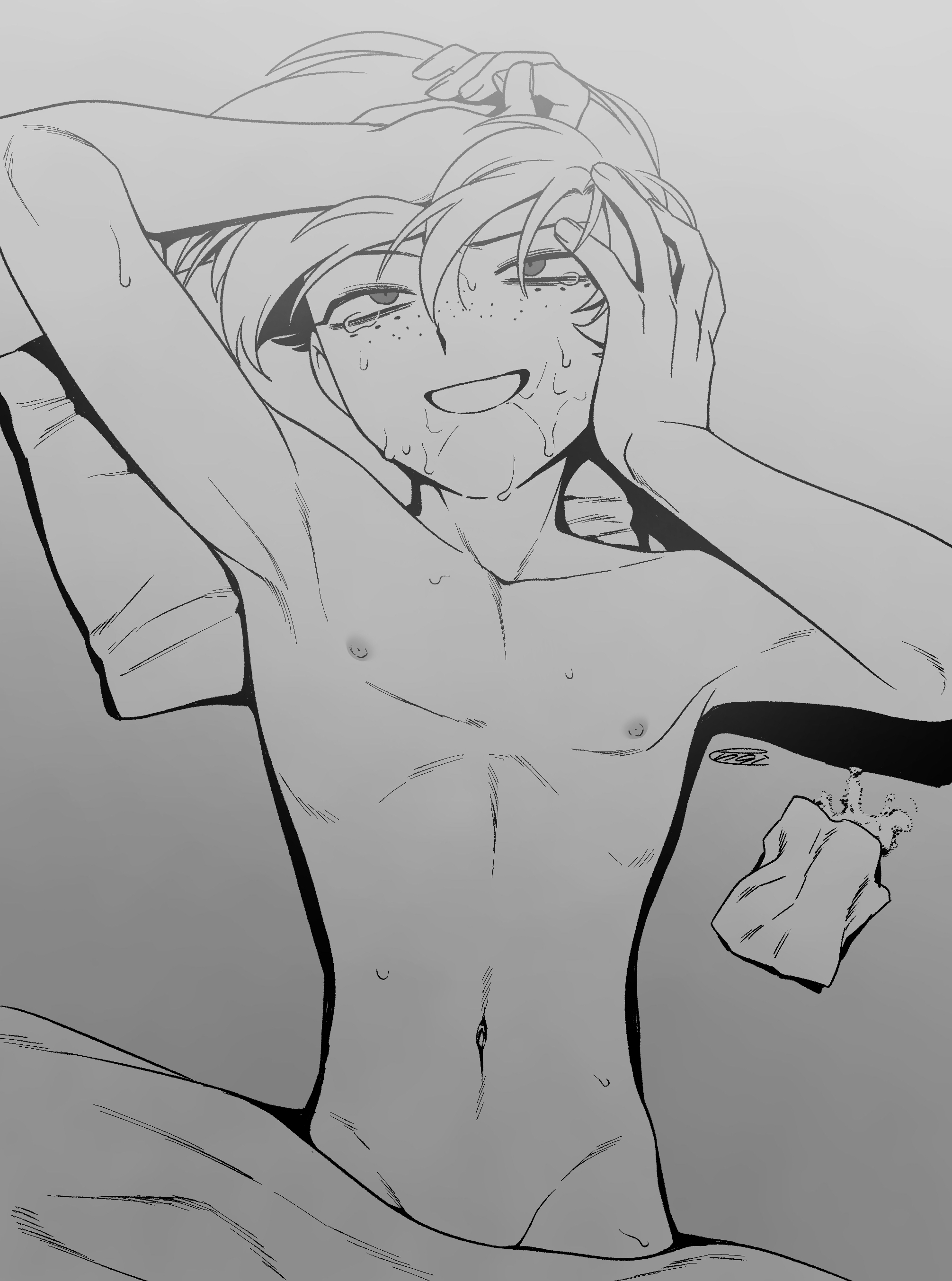 menma (enaic31), angel dust, hazbin hotel, hellaverse, absurdres, commentary request, highres, 1boy, :d, aftersex, arms up, bags under eyes, collarbone, cowboy shot, crying, crying with eyes open, facing viewer, fingernails, freckles, greyscale, grin, groin, hair behind ear, hair between eyes, hand on own cheek, hand on own face, hand on own head, humanization, looking up, lying, male focus, messy hair, monochrome, navel, nipples, nude, on back, open mouth, short hair, signature, simple background, smile, solo, sweat, swept bangs, tears, under covers