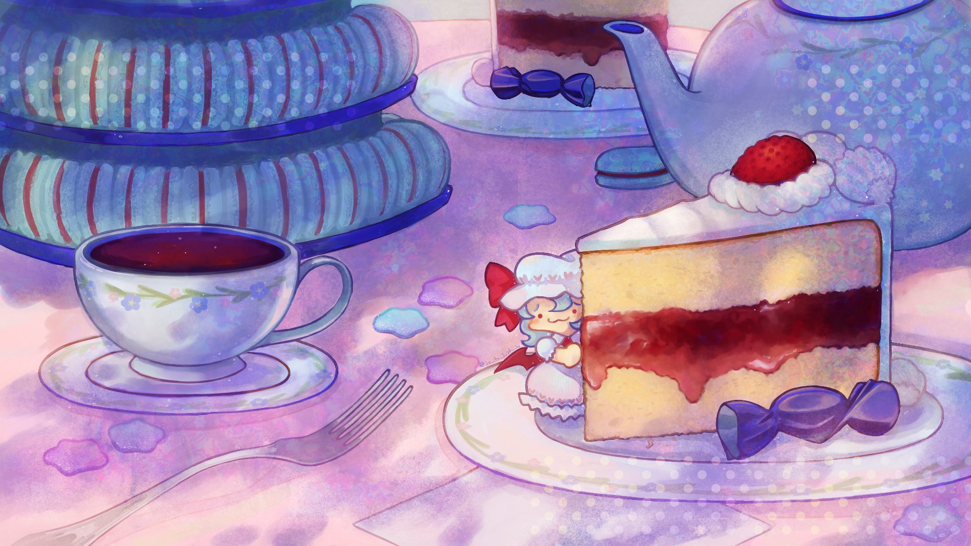 jo its just jo, remilia scarlet, touhou, commentary, english commentary, highres, 1girl, :3, bat wings, blue hair, cake, cake slice, candy, cup, food, fruit, hat, macaron, mini person, minigirl, mob cap, plate, puffy short sleeves, puffy sleeves, saucer, short sleeves, solo, strawberry, tea, teacup, white hat, wings