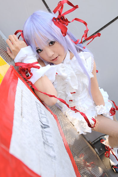 kipi-san, al azif (demonbane), demonbane, photo (medium), 1girl, al azif (cosplay), asian, cosplay, dress, dutch angle, female focus, frills, hair ribbon, looking at viewer, purple hair, ribbon, short dress, socks, solo, wrist cuffs