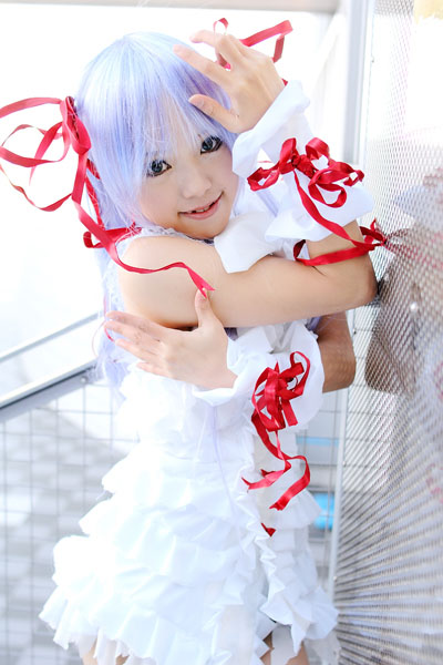 kipi-san, al azif (demonbane), demonbane, photo (medium), 1girl, al azif (cosplay), asian, cosplay, cuffs, dress, female focus, frills, hair ribbon, looking at viewer, purple hair, ribbon, short dress, solo, wrist cuffs