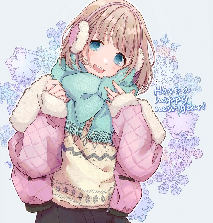 otakunocamp, serizawa asahi, idolmaster, idolmaster shiny colors, commentary request, 1girl, aqua scarf, blue eyes, cowboy shot, english text, fringe trim, fur-trimmed jacket, fur trim, grey hair, hands up, happy new year, head tilt, jacket, light blush, long sleeves, looking at viewer, new year, open clothes, open jacket, open mouth, pink jacket, scarf, shirt, shirt tucked in, short hair, smile, snowflake background, solo, teeth, upper teeth only, winter clothes, yellow shirt, zipper, zipper pull tab