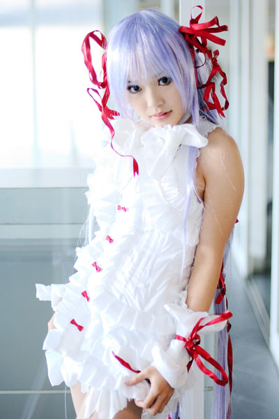 kipi-san, al azif (demonbane), demonbane, photo (medium), 1girl, al azif (cosplay), asian, cosplay, dress, female focus, frills, hair ribbon, looking at viewer, purple hair, ribbon, solo, wrist cuffs