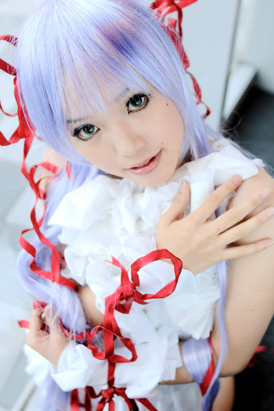kipi-san, al azif (demonbane), demonbane, photo (medium), 1girl, al azif (cosplay), asian, color contacts, cosplay, dress, female focus, frills, green eyes, hair ribbon, looking at viewer, purple hair, ribbon, solo, wrist cuffs