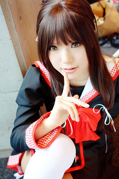 kipi-san, masuda shizuka, final approach, photo (medium), 1girl, asian, breasts, brown eyes, brown hair, color contacts, cosplay, dutch angle, female focus, hair ribbon, indoors, long hair, looking at viewer, masuda shizuka (cosplay), mole, outdoors, ribbon, sailor collar, school uniform, serafuku, small breasts, solo, thighhighs