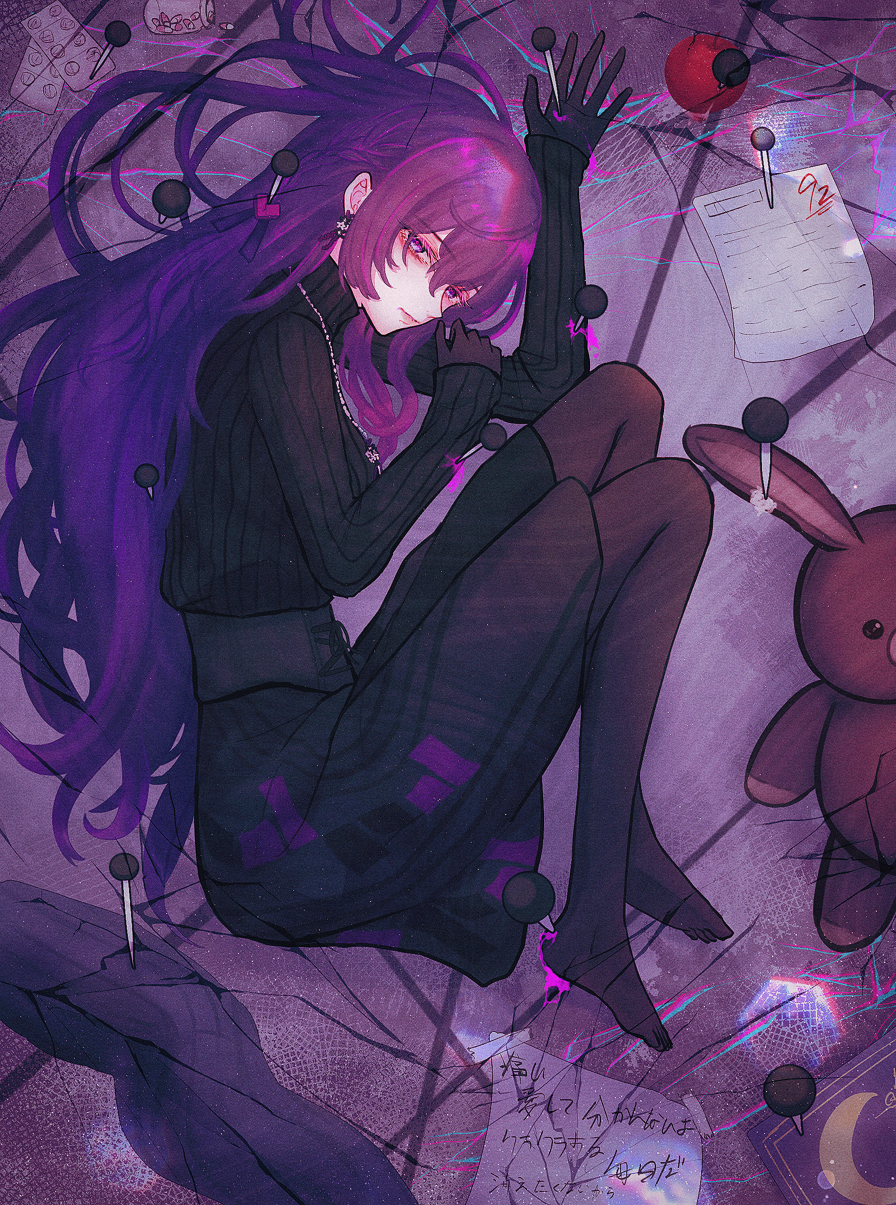 kitanonya, asahina mafuyu, project sekai, absurdres, chinese commentary, commentary, commentary request, highres, translation request, 1girl, arm up, black corset, black dress, black gloves, black pantyhose, bobby pin, book, bottle, closed mouth, corset, crack, cracked floor, cross-laced clothes, cross-laced corset, double-parted bangs, dress, earrings, film grain, from above, frown, full body, gloves, hair between eyes, hair down, hair ribbon, hair spread out, half-closed eyes, hand on own arm, hand up, heart, indoors, jewelry, light particles, long hair, long sleeves, looking at viewer, lying, medium dress, necklace, no shoes, on floor, on side, pantyhose, paper, pasties, pill, purple eyes, purple hair, purple ribbon, purple theme, ribbed dress, ribbon, solo, stuffed animal, stuffed rabbit, stuffed toy, very long hair, wavy hair