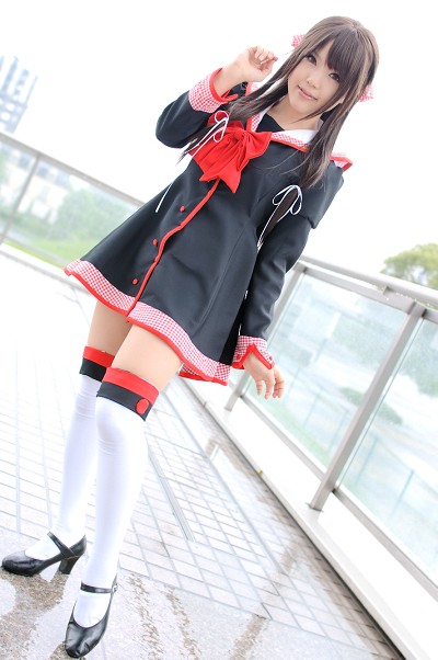 kipi-san, masuda shizuka, final approach, photo (medium), 1girl, asian, breasts, brown eyes, brown hair, cosplay, dutch angle, female focus, hair ribbon, long hair, looking at viewer, masuda shizuka (cosplay), outdoors, ribbon, sailor collar, school uniform, serafuku, small breasts, solo, thighhighs, zettai ryouiki