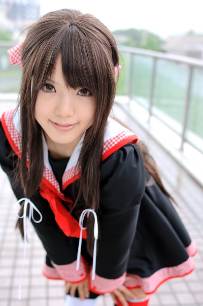 kipi-san, masuda shizuka, final approach, photo (medium), 1girl, asian, breasts, brown eyes, brown hair, color contacts, cosplay, female focus, hair ribbon, long hair, looking at viewer, masuda shizuka (cosplay), mole, outdoors, ribbon, sailor collar, school uniform, serafuku, small breasts, solo, thighhighs, zettai ryouiki