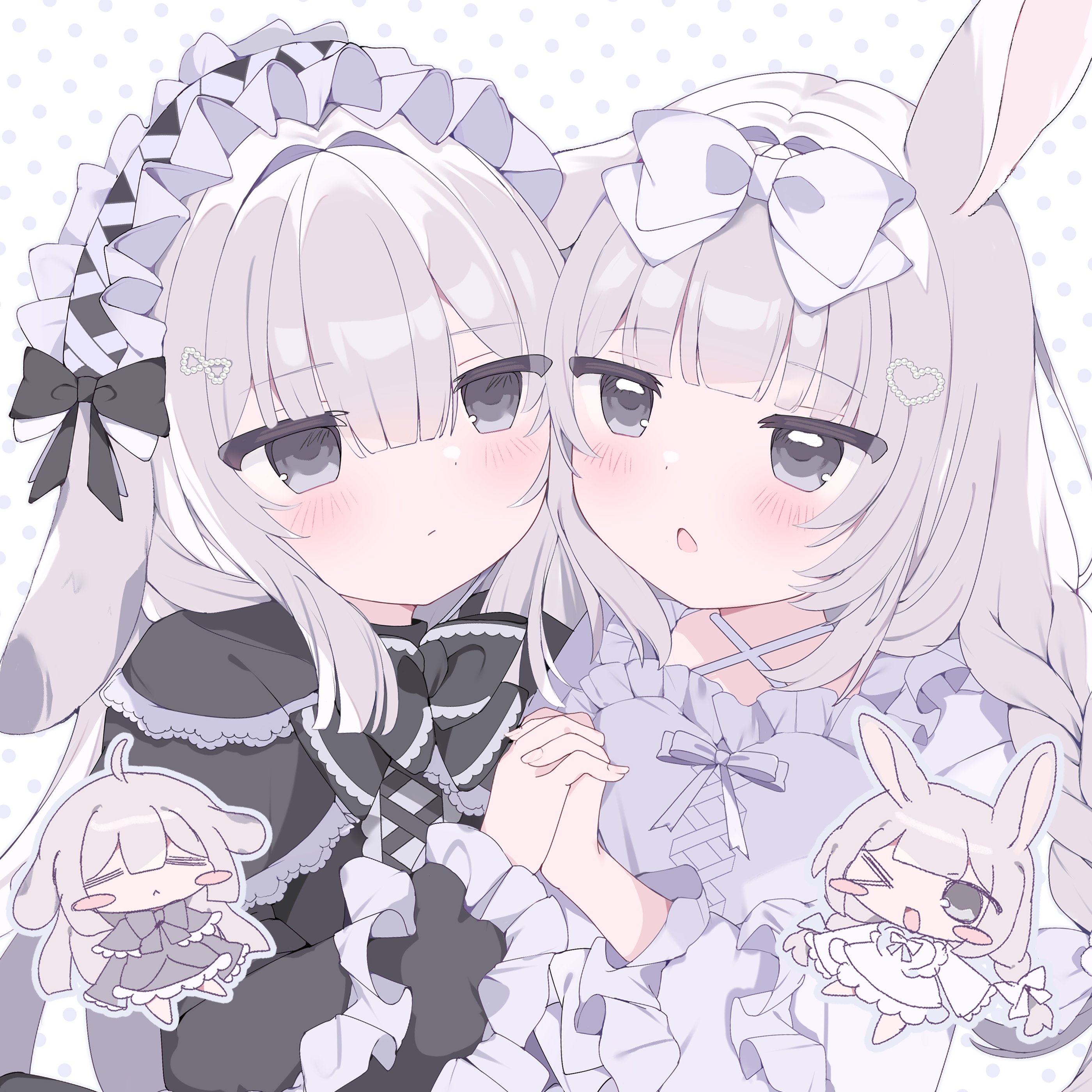 original, absurdres, commission, highres, skeb commission, 2girls, animal ears, black dress, black vs white, blunt bangs, blush, bow, braid, capelet, chestnut mouth, chibi, chibi inset, dress, ebiuinaul l, frilled capelet, frills, grey eyes, grey hair, hair bow, hair ornament, hairband, heart, heart hair ornament, holding hands, interlocked fingers, long hair, long sleeves, multiple girls, one eye closed, polka dot, rabbit ears, rabbit girl, white bow, white dress, yuri