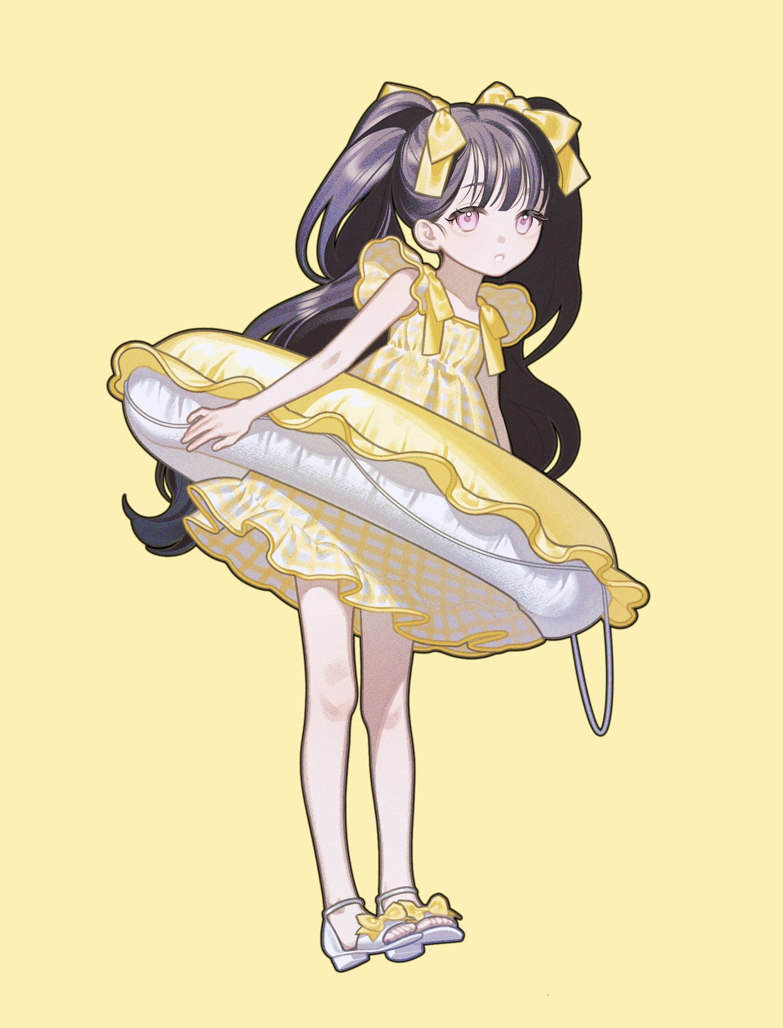 nanoka san, original, highres, 1girl, black hair, bow, dress, footwear bow, full body, hair bow, high heels, holding, holding swim ring, innertube, long hair, open-toe shoes, parted lips, pink eyes, short sleeves, solo, swim ring, twintails, very long hair, yellow background