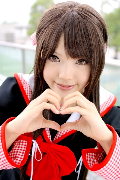 kipi-san, masuda shizuka, final approach, photo (medium), 1girl, asian, breasts, brown eyes, brown hair, color contacts, cosplay, female focus, hair ribbon, heart, heart hands, long hair, looking at viewer, masuda shizuka (cosplay), outdoors, ribbon, sailor collar, school uniform, serafuku, small breasts, solo