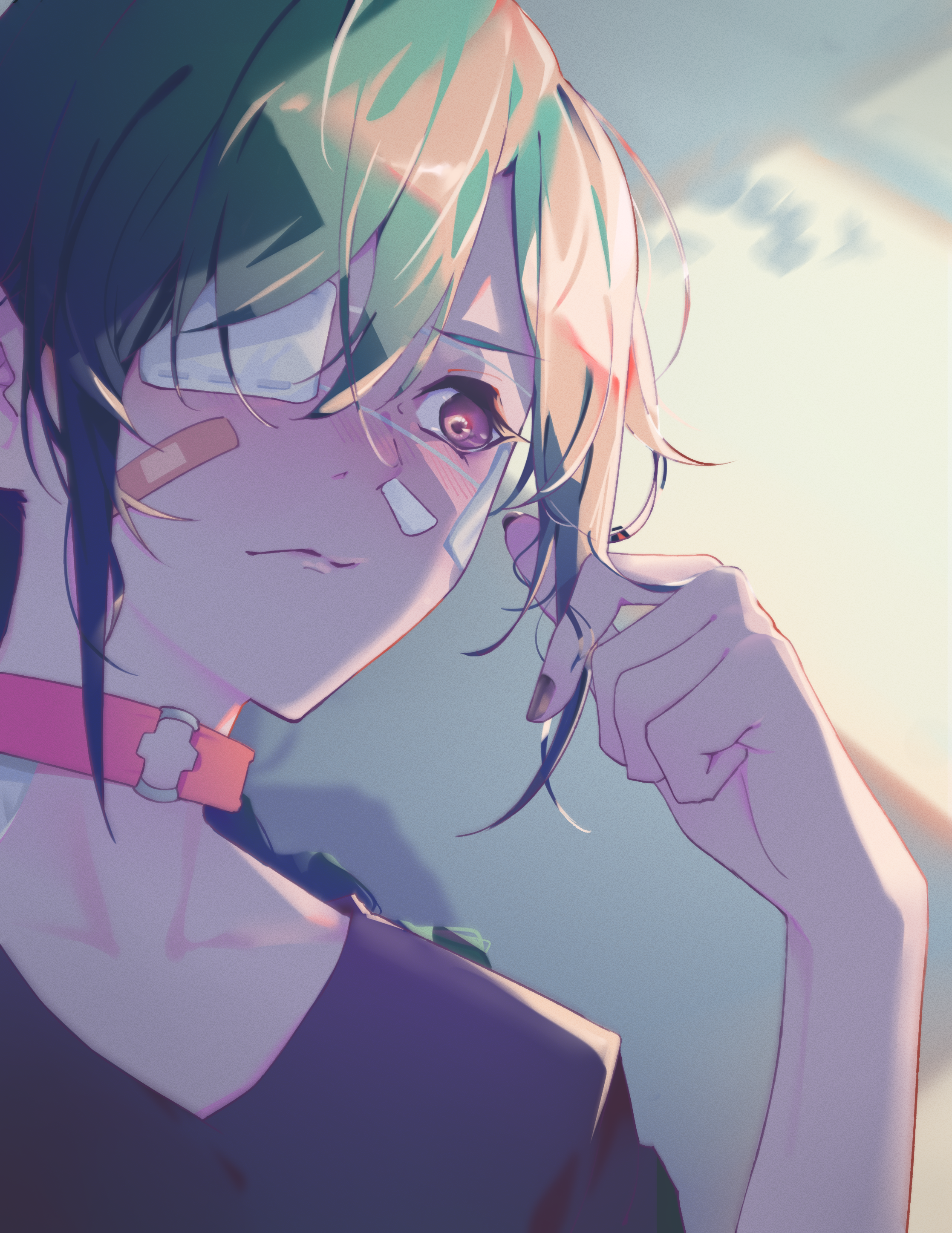 vii (joshuayuen), ryuushen, nijisanji, absurdres, highres, 1other, bandage over one eye, bandaid, bandaid on face, black shirt, blush, choker, closed mouth, collarbone, green hair, grey hair, o-ring, o-ring choker, other focus, red eyes, shirt, short hair, twirling hair, upper body, virtual youtuber