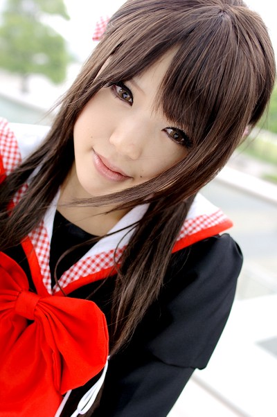 kipi-san, masuda shizuka, final approach, photo (medium), 1girl, asian, breasts, brown eyes, brown hair, color contacts, cosplay, dutch angle, female focus, hair ribbon, long hair, masuda shizuka (cosplay), mole, outdoors, ribbon, sailor collar, school uniform, serafuku, small breasts, solo