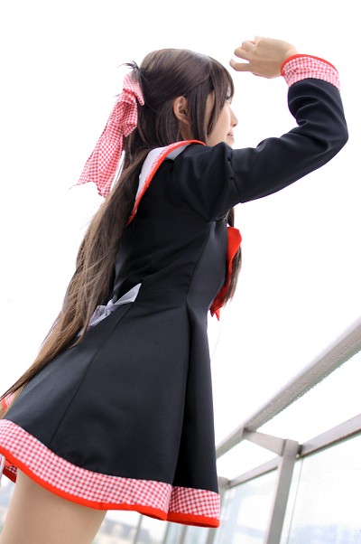 kipi-san, masuda shizuka, final approach, photo (medium), 1girl, asian, breasts, brown hair, cosplay, dutch angle, female focus, hair ribbon, long hair, masuda shizuka (cosplay), outdoors, ribbon, sailor collar, school uniform, serafuku, small breasts, solo