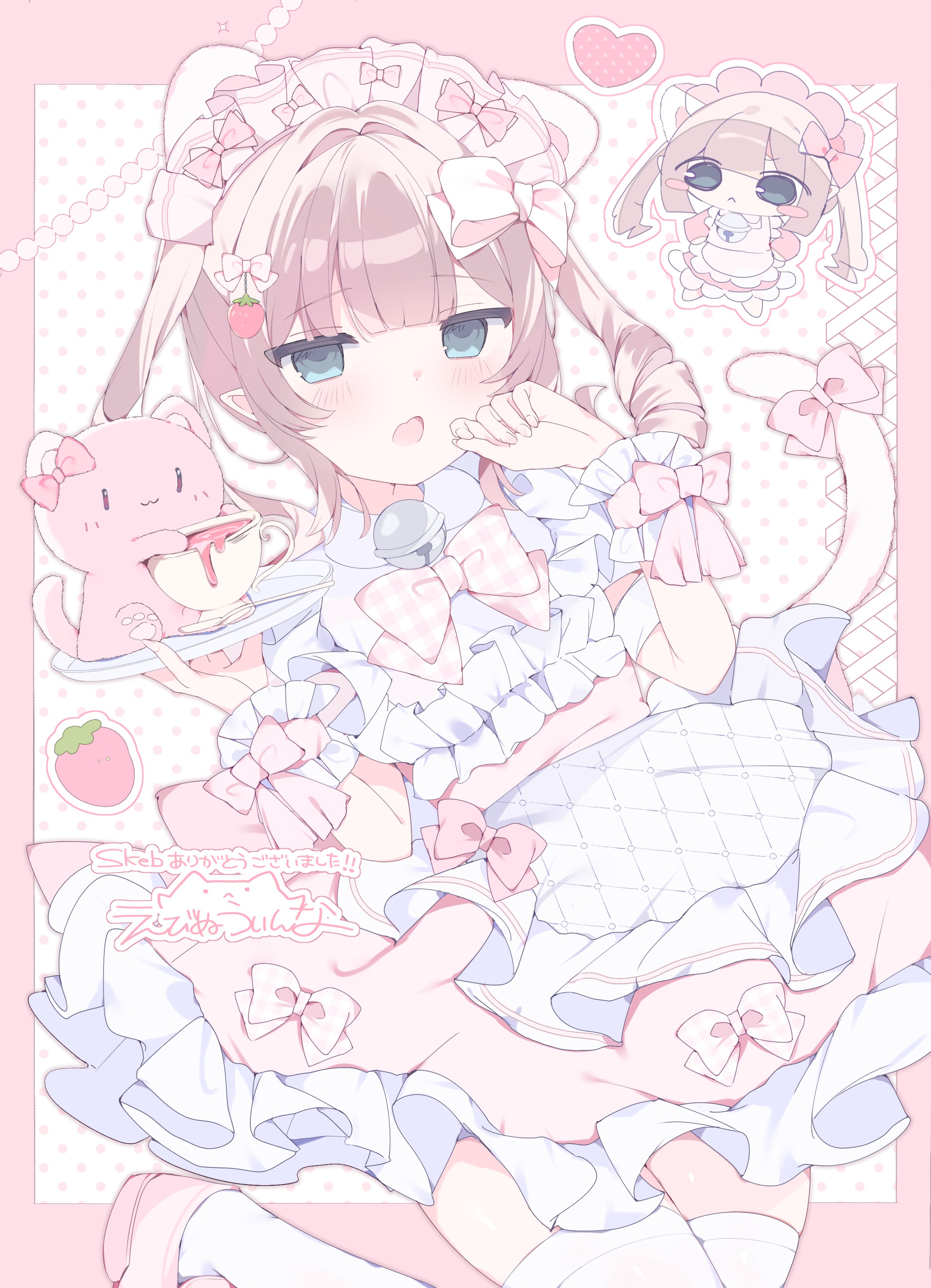 original, absurdres, commission, highres, skeb commission, 1girl, animal ears, apron, bell, blue eyes, blunt bangs, blush, border, bow, bowtie, brown hair, cat ears, cat tail, chibi, chibi inset, cup, dress, ebiuinaul l, food, food-themed hair ornament, frilled dress, frills, fruit, hair bow, hair ornament, heart, holding, lolita fashion, looking at viewer, maid, maid apron, maid headdress, neck bell, open mouth, pastel colors, pink bow, pink bowtie, pink dress, polka dot, strawberry, strawberry hair ornament, sweet lolita, tail, tail bow, tail ornament, teacup, thighhighs, twintails, white thighhighs, wrist cuffs