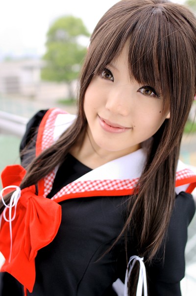 kipi-san, masuda shizuka, final approach, photo (medium), 1girl, asian, breasts, brown eyes, brown hair, color contacts, cosplay, female focus, hair ribbon, long hair, looking at viewer, masuda shizuka (cosplay), mole, outdoors, ribbon, sailor collar, school uniform, serafuku, small breasts, solo