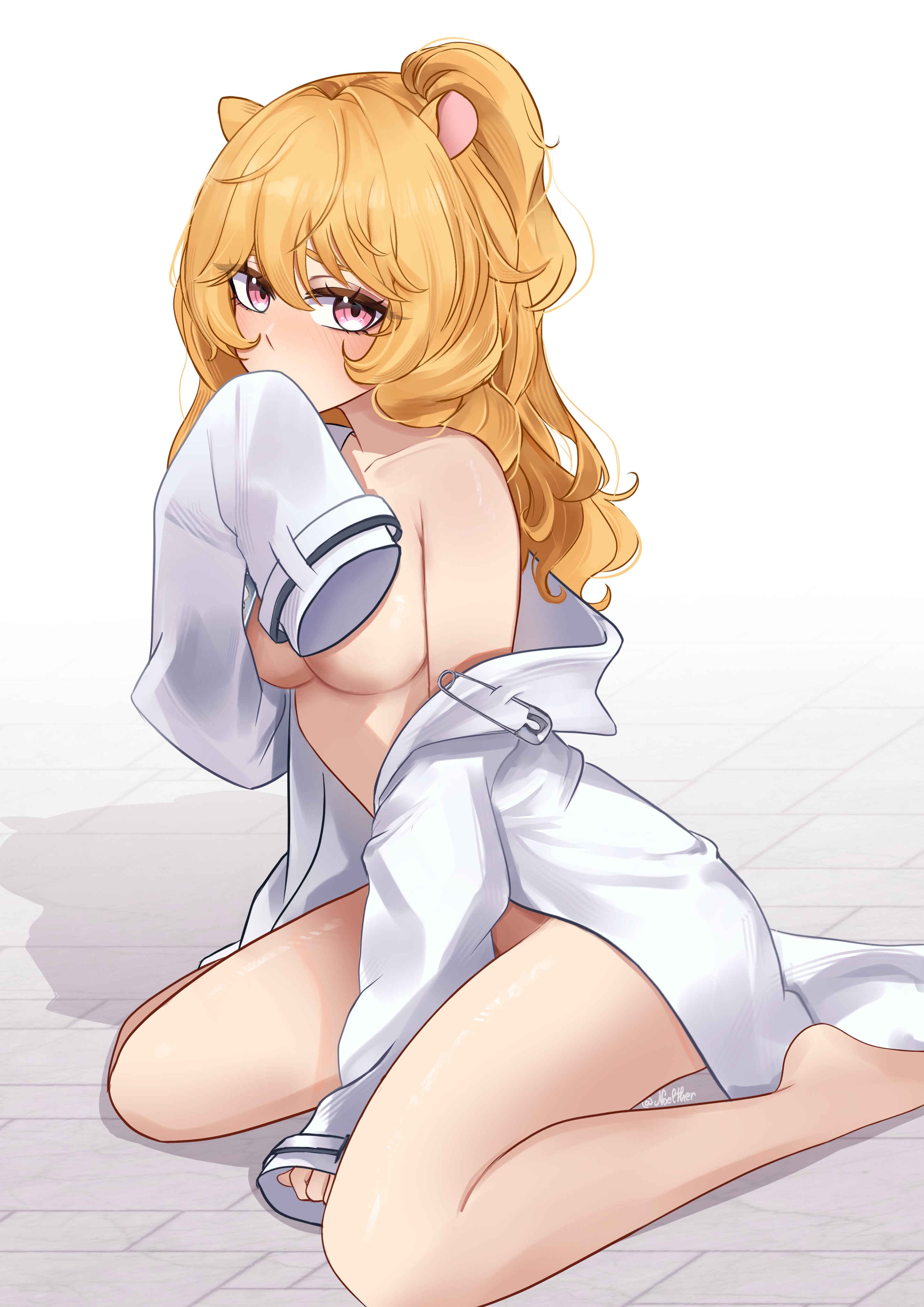 noelther (artist), eimi isami, phase connect, absurdres, commentary, english commentary, highres, 1girl, animal ears, between legs, blonde hair, blush, breasts, covering own mouth, hamster ears, hamster girl, hand between legs, hand over own mouth, lab coat, long hair, looking at viewer, medium breasts, naked lab coat, off shoulder, one side up, pink eyes, safety pin, single off shoulder, sitting, sleeves past fingers, sleeves past wrists, solo, twitter username, wariza, white background