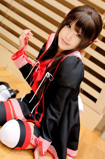 kipi-san, masuda shizuka, final approach, photo (medium), 1girl, asian, breasts, brown eyes, brown hair, cosplay, dutch angle, female focus, hair ribbon, indoors, long hair, looking at viewer, masuda shizuka (cosplay), ribbon, sailor collar, school uniform, serafuku, small breasts, solo, thighhighs