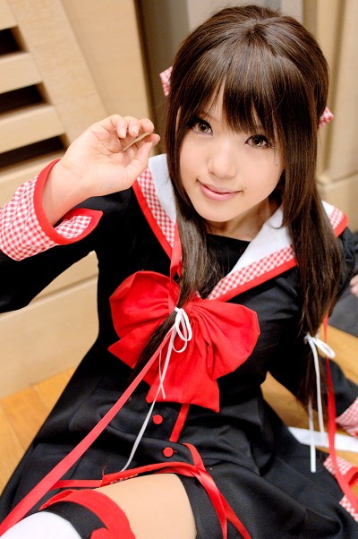 kipi-san, masuda shizuka, final approach, photo (medium), 1girl, asian, breasts, brown eyes, brown hair, cosplay, female focus, hair ribbon, long hair, looking at viewer, masuda shizuka (cosplay), mole, ribbon, sailor collar, school uniform, serafuku, small breasts, solo, thighhighs